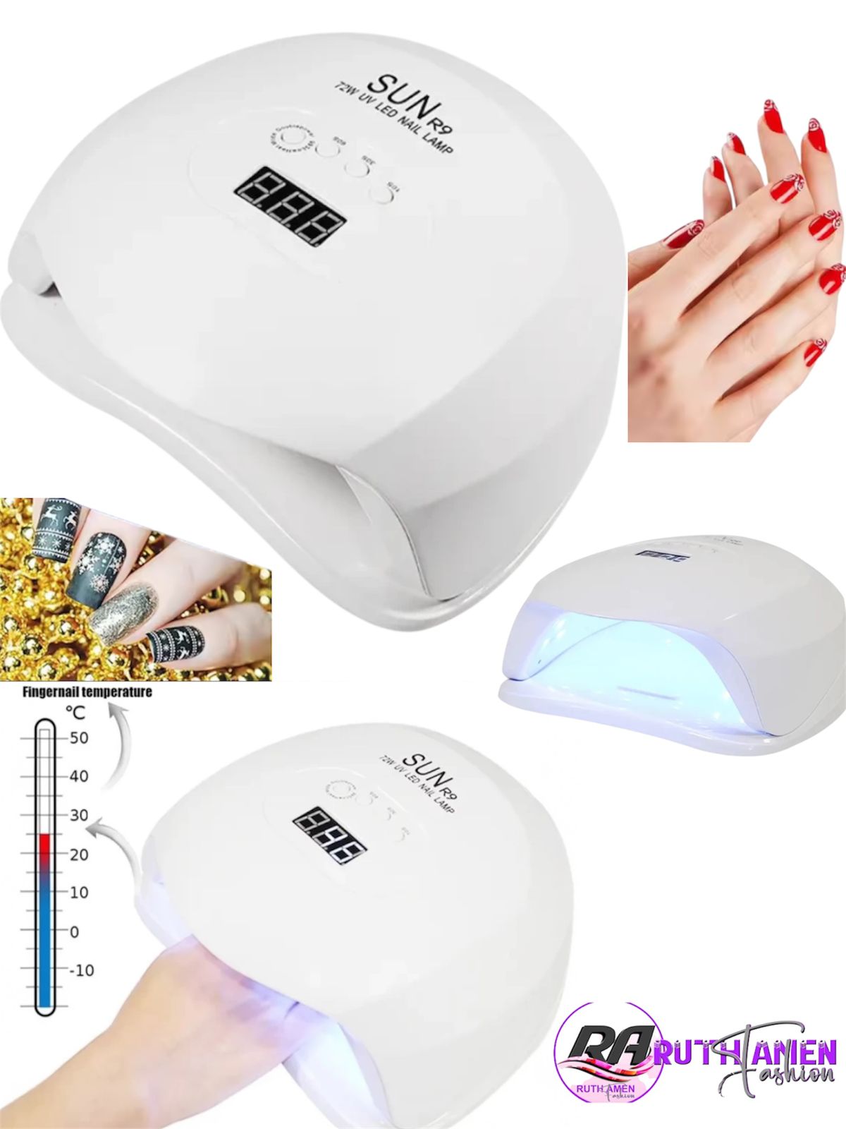 White nail dryer with digital display, close-up of hands with painted nails, and a thermometer.